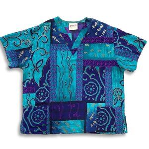 Uniform City Scrub Top Unisex L Blue Abstract Boho Medical Office Lab Workwear